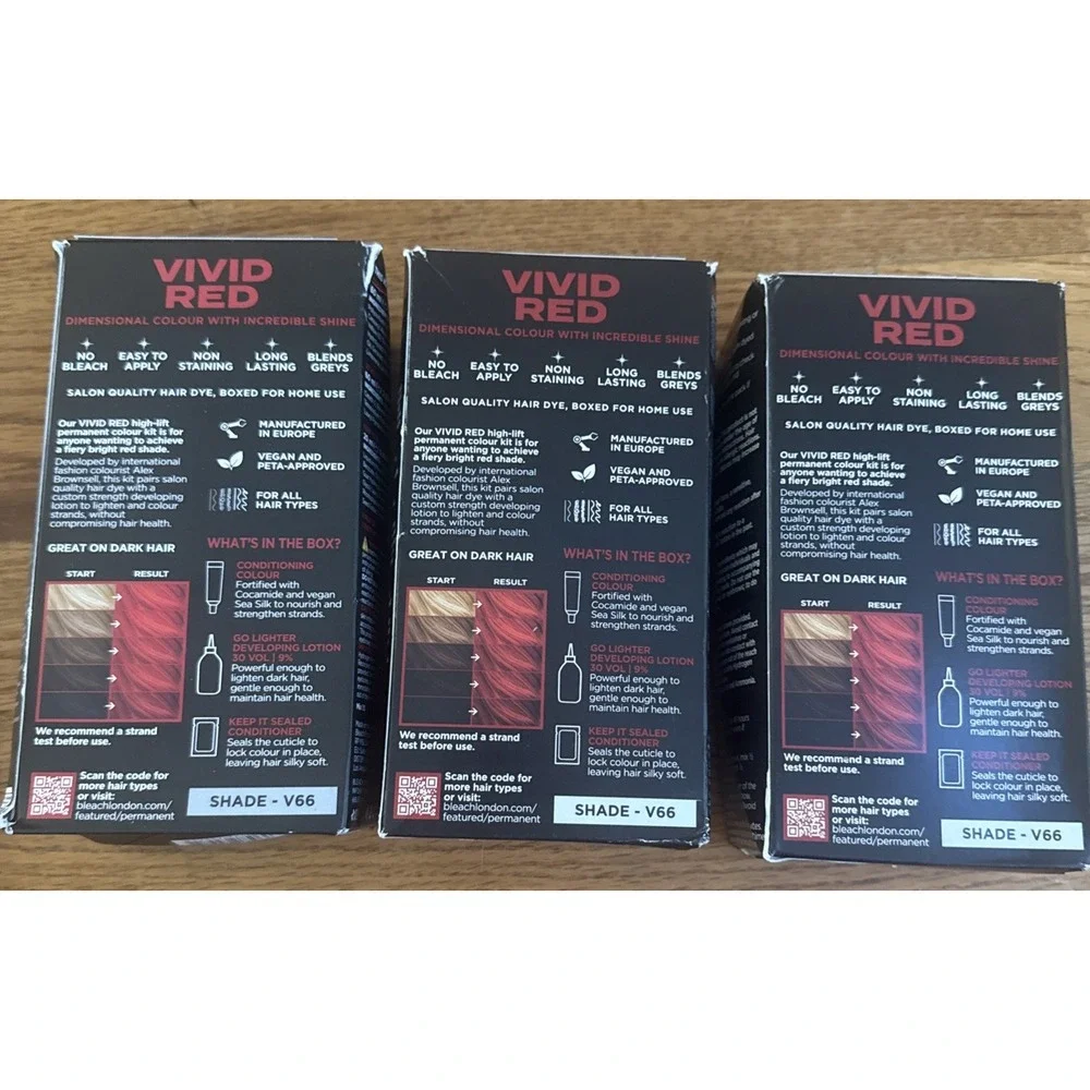 Bleach London No Bleach Vivid Red Permanent Hair Dye Shade V66 Vegan 3 Pack New